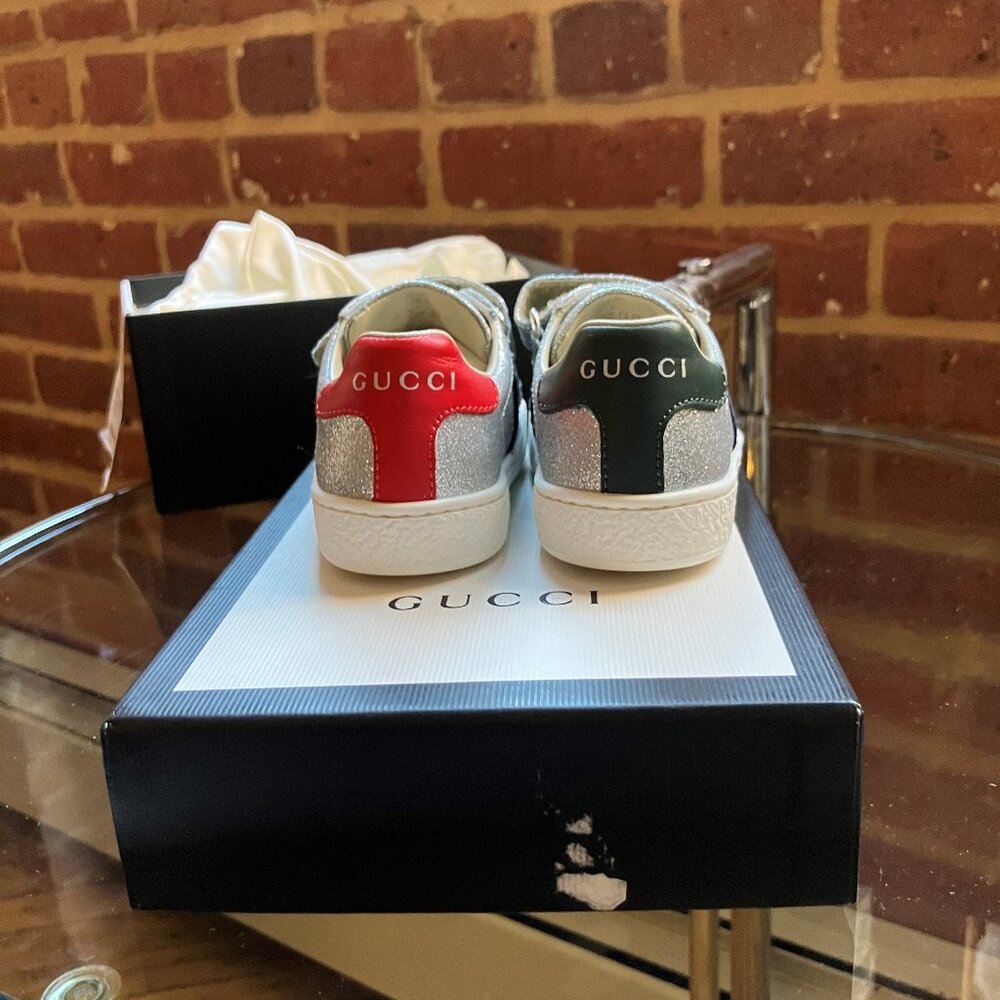 GUCCI Leather Velcro Trainers With Stripe Eu 22 Silver-Like mew